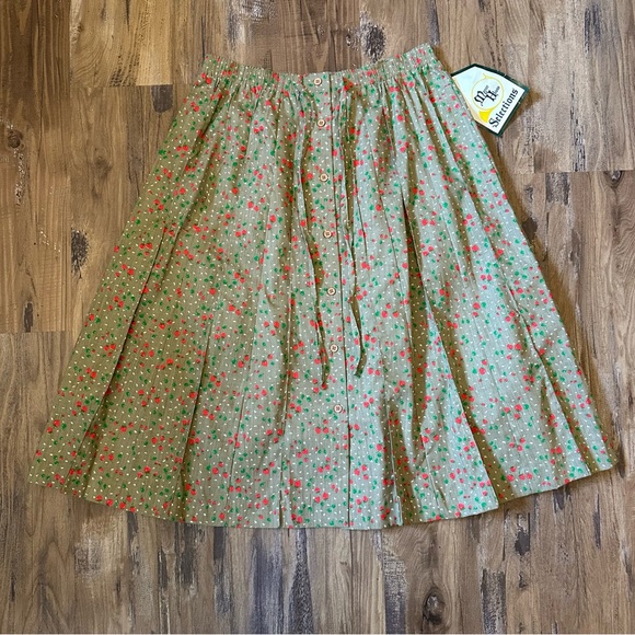 VTG 70s 80s NWT Ditsy Strawberry Print Pleated Midi Skirt - Picture 4 of 7
